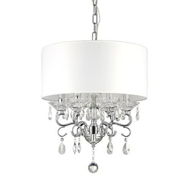 CHANDELIER SILVER 6 LIGHT WITH WHITE SHADES AND GLASS CRYSTALS
